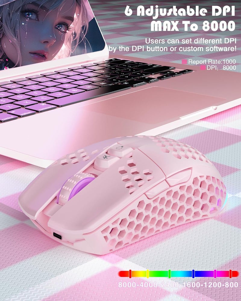 SOLAKAKA SM600 Pink Wireless Gaming Mouse with Honeycomb Shell, Side Buttons,Tri-Modes(BT5.1+BT5.1+2.4GHz) Lightweight RGB Wireless Mouse for PC/Tablet/Desktop/Office/Games - Image 4